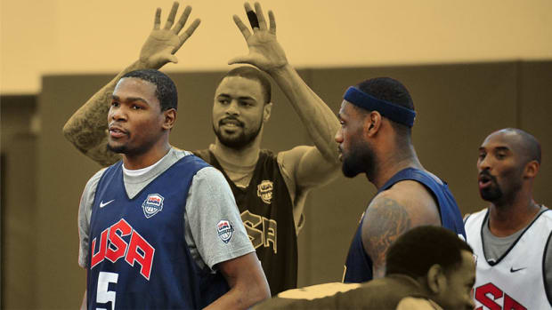 Team USA forward Kevin Durant, forward LeBron James, and guard Kobe Bryan