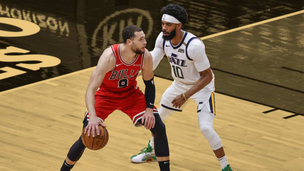 Chicago Bulls guard Zach LaVine is defended by Utah Jazz guard Mike Conley