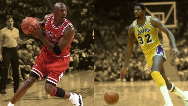 Chicago Bulls guard Michael Jordan and Los Angeles Lakers guard Magic Johnson