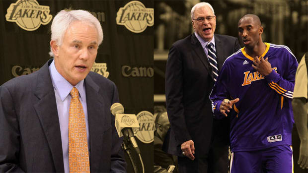 Los Angeles Lakers general manager Mitch Kupchak, head coach Phil Jackson and guard Kobe Bryant