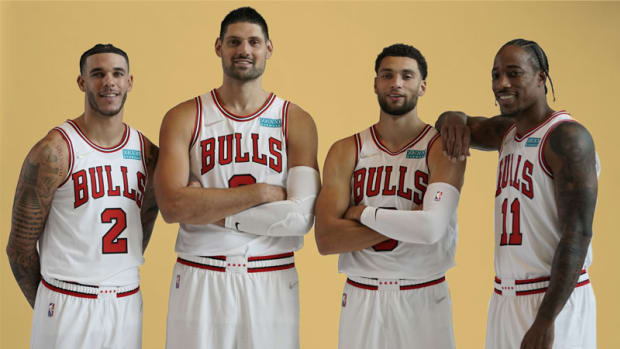 Chicago Bulls guard Lonzo Ball, center Nikola Vucevic, guard Zach LaVine, and forward DeMar DeRozan