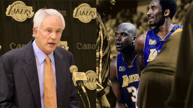 Los Angeles Lakers general manager Mitch Kupchak, center Shaquille O'Neal, and guard Kobe Bryant
