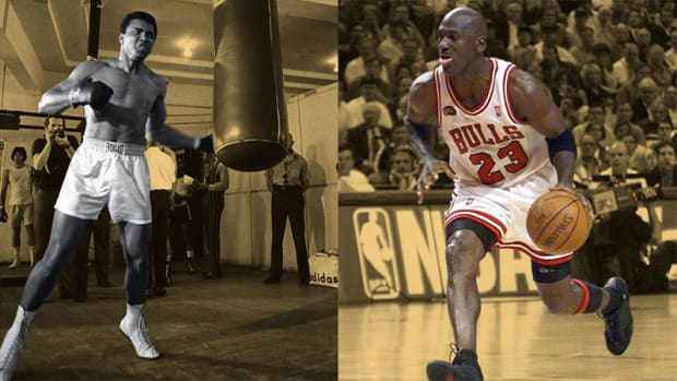 Muhammad Ali and Chicago Bulls guard Michael Jordan