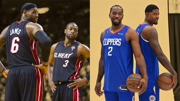 Miami Heat small forward LeBron James and Heat shooting guard Dwyane Wade; Los Angeles Clippers forward Kawhi Leonard and Los Angeles Clippers guard Paul George