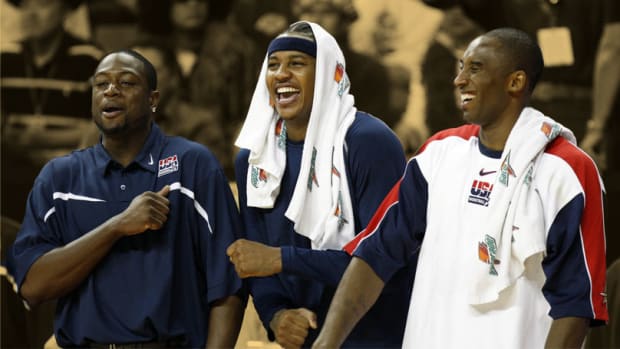 USA Basketball team members Dwyane Wade, Carmelo Anthony, and Kobe Bryant