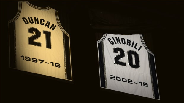 The jersey of San Antonio Spurs former player Manu Ginobili