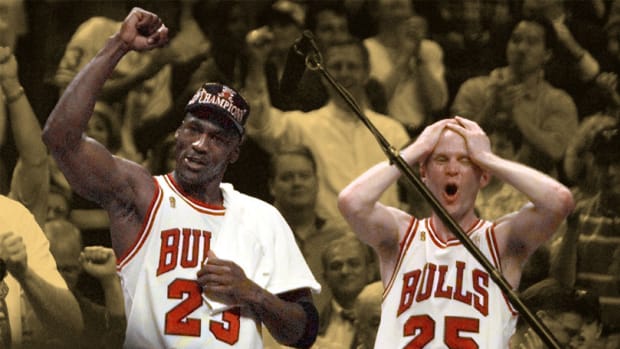Chicago Bulls guards Michael Jordan and Steve Kerr