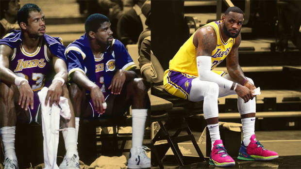 Los Angeles Lakers center Kareem Abdul-Jabbar, point guard Magic Johnson, and point forward LeBron James