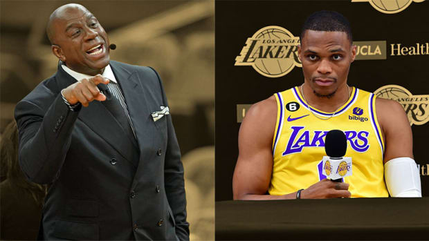Magic Johnson and Los Angeles Lakers guard Russell Westbrook