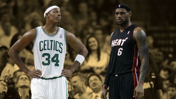 Boston Celtics forward Paul Pierce and Miami Heat forward LeBron James