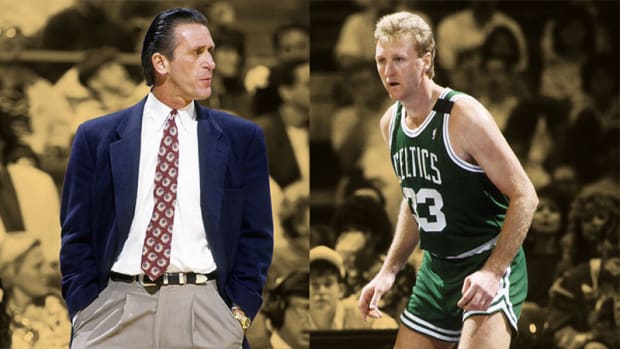 New York Knicks head coach Pat Riley and Boston Celtics forward Larry Bird