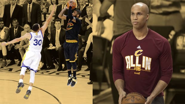 Cleveland Cavaliers guard Kyrie Irving, Golden State Warriors guard Stephen Curry, and Cleveland Cavaliers forward Richard Jefferson