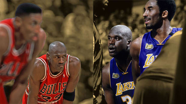 Chicago Bulls guard Michael Jordan and forward Scottie Pippen; Los Angeles Lakers center Shaquille O'Neal and guard Kobe Bryant
