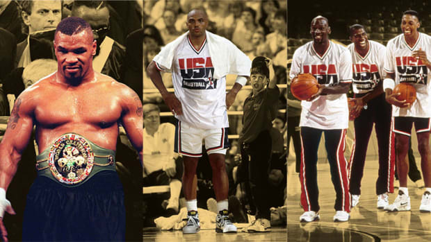 Mike Tyson, Dream Team members Charles Barkley, Michael Jordan, Magic Johnson and Scottie Pippen