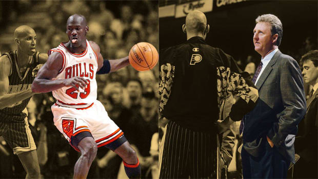 Chicago Bulls guard Michael Jordan and Indiana Pacers head coach Larry Bird