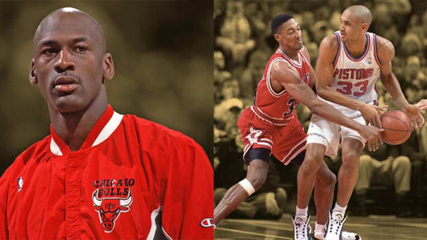 Michael Jordan, Scottie Pippen, and Detroit Pistons' Grant Hill