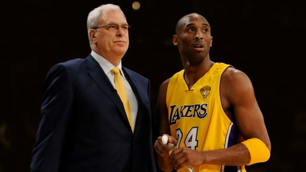 Los Angeles Lakers guard Kobe Bryant and Phil Jackson in Game 7 of the NBA Finals against the Boston Celtics at the Staples Center