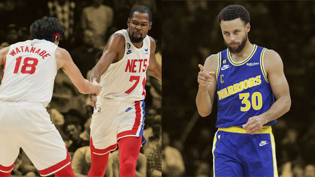 Brooklyn Nets forward Kevin Durant, forward Yuta Watanabe; Golden State Warriors guard Stephen Curry