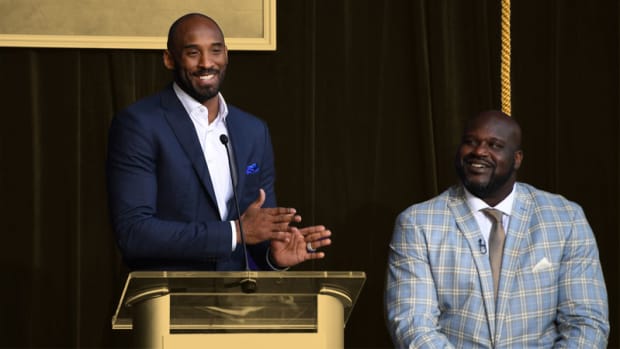 Kobe Bryant speaks during ceremony to unveil statue of Los Angeles Lakers former center Shaquille O'Neal
