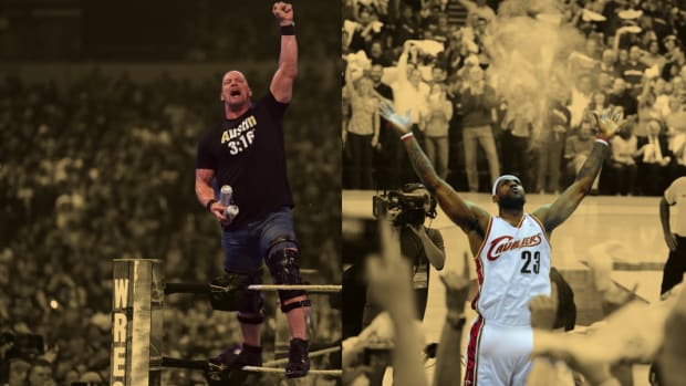 Stone Cold Steve Austin celebrates with beer during WrestleMania in 2022 and LeBron James with the Cleveland Cavaliers in 2009