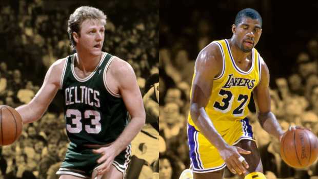 Boston Celtics forward Larry Bird; Los Angeles Lakers point guard Magic Johnson