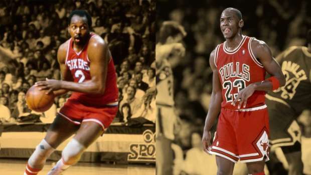 Philadelphia 76ers center Moses Malone; Chicago Bulls guard Michael Jordan
