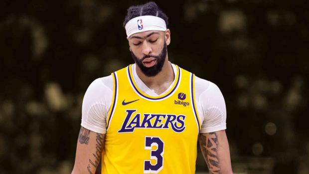 Los Angeles Lakers forward Anthony Davis (3) looks on against the New Orleans Pelicans during the second half of a play-in game of the 2024 NBA playoffs