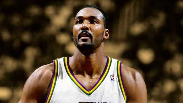 Utah Jazz forward Karl Malone (32) in action against the San Antonio Spurs at the Delta Center. 