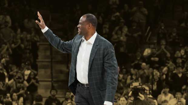 Former San Antonio Spurs center David Robinson is introduced during a timeout in the first half against the Atlanta Hawks at the AT&T Center.