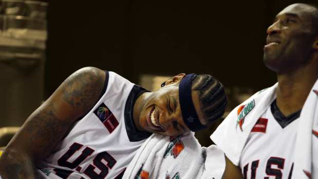 USA forward (15) Carmelo Anthony and guard (10) Kobe Bryant react on the bench in the USA 127-100 victory against Mexico 