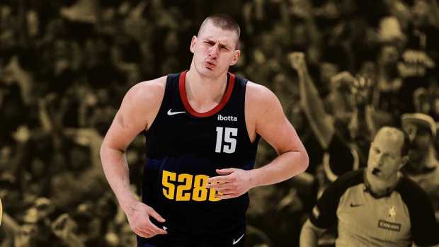 Denver Nuggets center Nikola Jokic (15) reacts after a play in the second quarter against the Minnesota Timberwolves during game five of the second round for the 2024 NBA playoffs at Ball Arena.