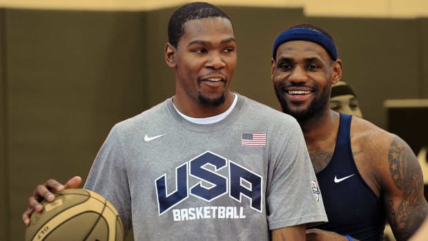 July 7, 2012; Las Vegas, NV, USA; Team USA guard Kevin Durant (left) and forward LeBron James during USA Team practice