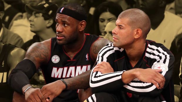 Nov 2, 2012; New York, NY, USA; Miami Heat small forward LeBron James (6) (left) and small forward Shane Battier (31) on the bench during the fourth quarter against the New York Knicks