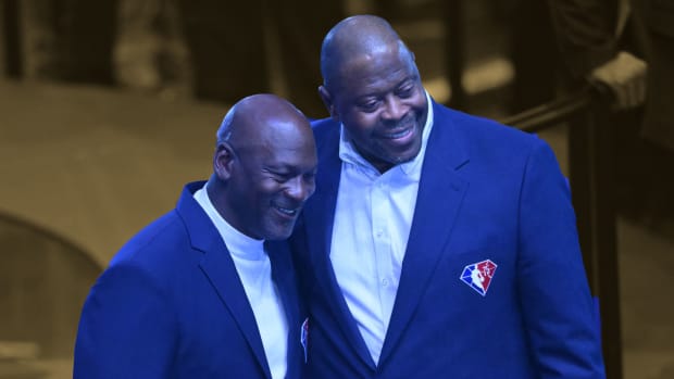 Michael Jordan with Patrick Ewing at halftime during the 2022 NBA All-Star Game 