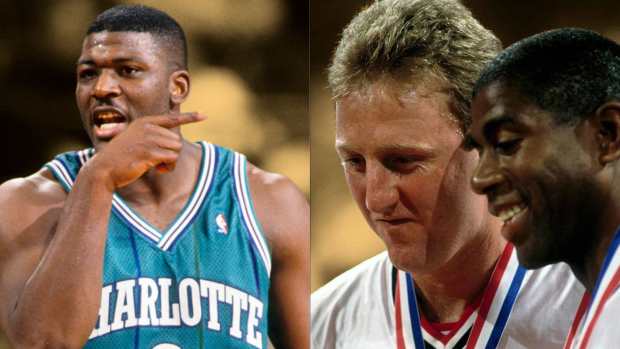 Larry Johnson, Larry Bird, and Magic Johnson