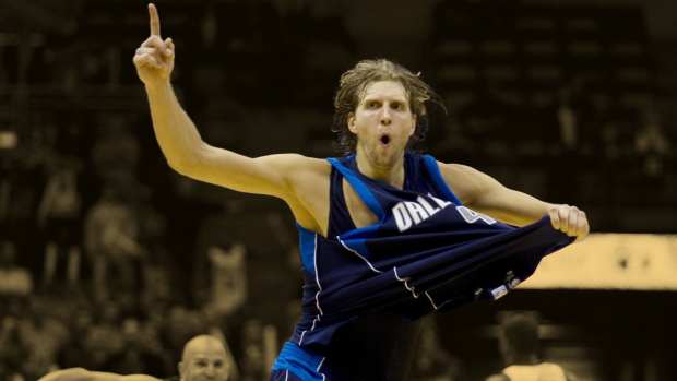 Dallas Mavericks forward Dirk Nowitzki (41) celebrates his game winning shot following the game against the Milwaukee Bucks