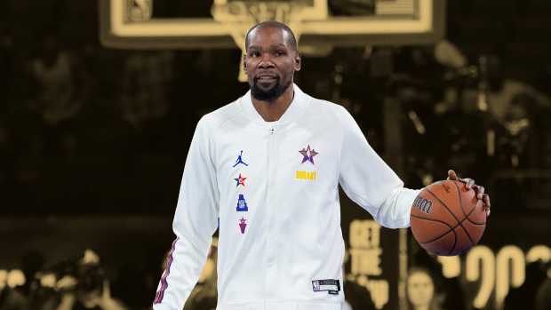 February 16, 2025; San Francisco, CA, USA; Shaq’s OGs forward Kevin Durant (35) of the Sacramento Kings warms up before the 2025 NBA All Star Game at Chase Center.