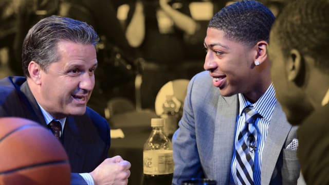 June 28, 2012; Kentucky Wildcats coach John Calipari with Anthony Davis before the 2012 NBA Draft at the Prudential Center