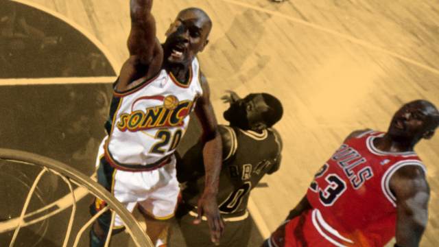 Seattle SuperSonics guard Gary Payton against Chicago Bulls superstar Michael Jordan during 1996 NBA Finals at Key Arena