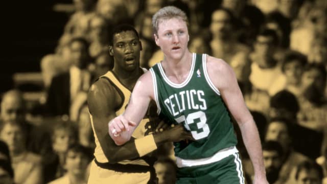 Feb 13, 1987; Portland; Boston Celtics guard Larry Bird (33) is defended by Jerome Kersey (left) of the Portland Trailblazers
