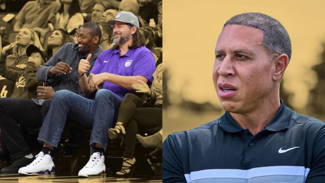 Sacramento Kings former players Metta Sandiford-Artest (left) and Brad Miller (right) sit courtside/Mike Bibby