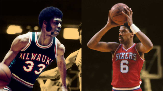 Milwaukee Bucks center Kareem Abdul-Jabbar; Philadelphia 76ers forward Julius Erving