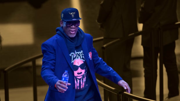 Dennis Rodman is honored during halftime as an NBA 75th anniversary team member at the 2022 NBA All-Star Game at Rocket Mortgage FieldHouse