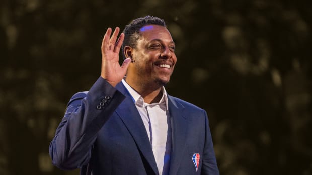 Paul Pierce is honored for being selected to the NBA 75th Anniversary Team during halftime in the 2022 NBA All-Star Game in Cleveland
