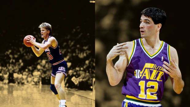 Arizona Wildcats guard Steve Kerr in 1987 and Utah Jazz guard John Stockton in 1991