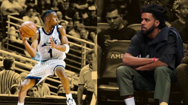 Orlando Magic guard Penny Hardaway in 1996 and rapper J Cole at an NBA game in 2022