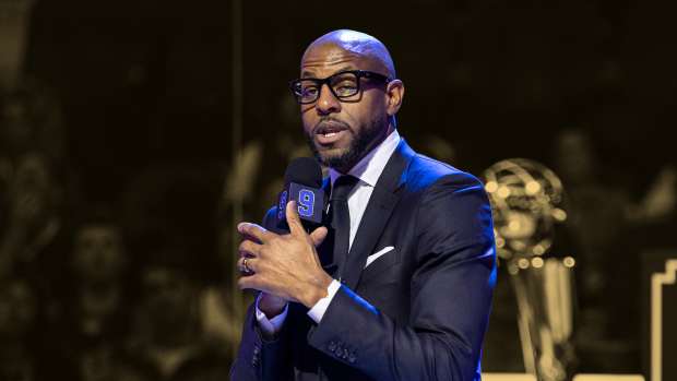 Feb 23, 2025; San Francisco, California, USA; Former Golden State Warriors player Andre Iguodala talks during the Andre Iguodala jersey retirement ceremony at Chase Center.