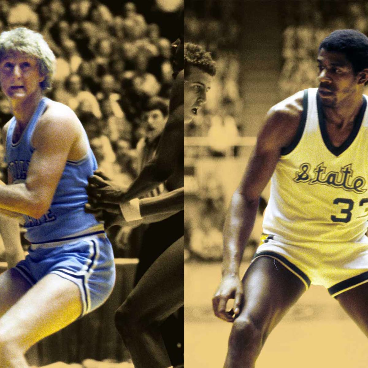 Basketball Network - Magic Johnson and Larry Bird during their college days. These 2 legedns were responsible for saving the NBA when they entered the league in 1979.