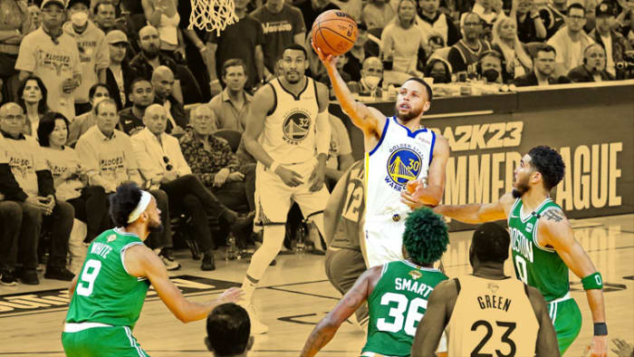 Golden State Warriors guard Stephen Curry, Boston Celtics guard Derrick White, Marcus Smart and forward Jayson Tatum