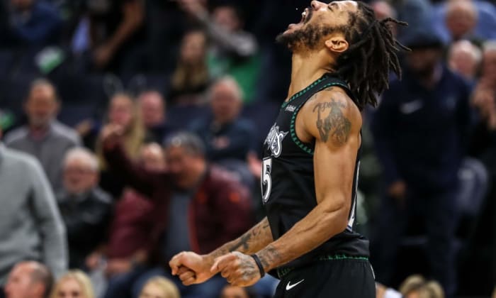 Oct 31, 2018; Minneapolis, MN, USA; Minnesota Timberwolves guard Derrick Rose (25) celebrates during the fourth quarter against the Utah Jazz at Target Center. Mandatory Credit: Brace Hemmelgarn-USA TODAY Sports ORG XMIT: USATSI-384755 ORIG FILE ID: 20181031_szo_ah7_0067.JPG